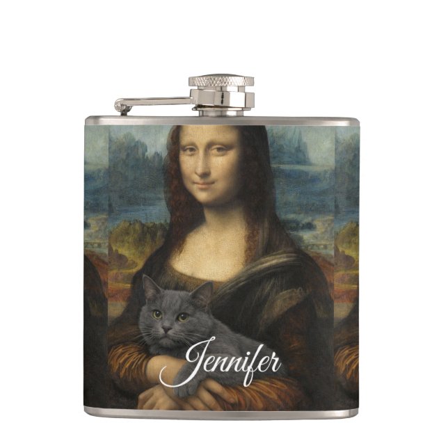 Mona Lisa håller elegant grå katt                 Fickplunta (Framsidan)