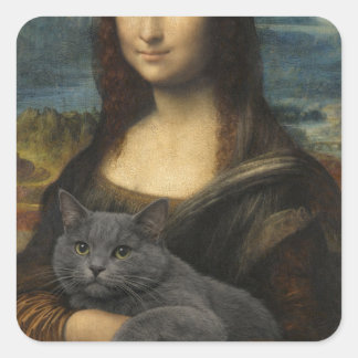 Mona Lisa håller elegant grå katt Fyrkantigt Klistermärke