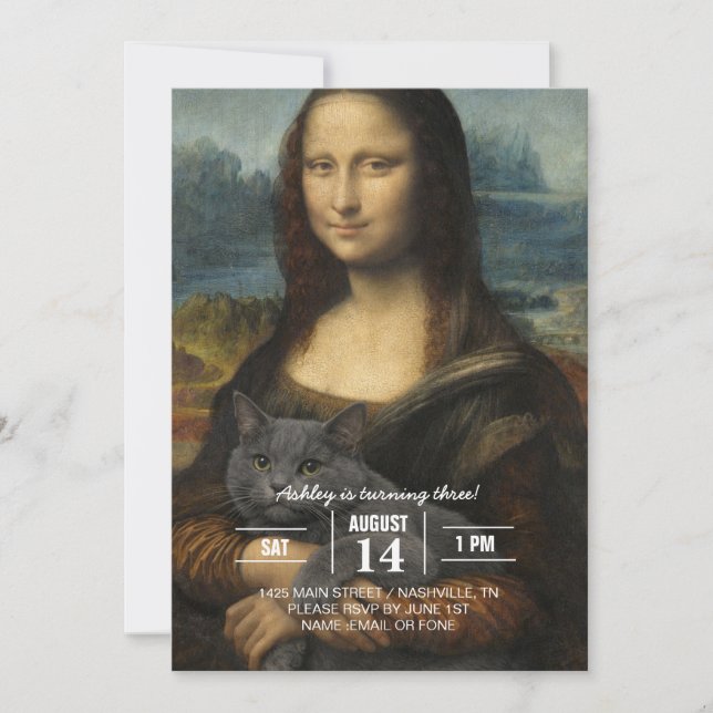 Mona Lisa håller elegant grå katt                 Inbjudningar (Framsida)
