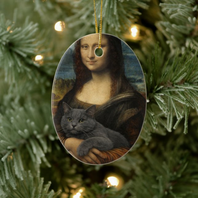 Mona Lisa håller elegant grå katt                 Julgransprydnad Keramik (Träd)