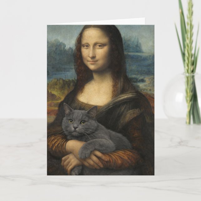 Mona Lisa håller elegant grå katt                 Kort (Framsida)