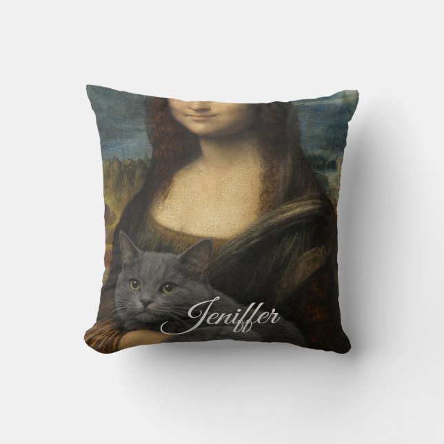 Mona Lisa håller elegant grå katt                 Kudde (Framsida)