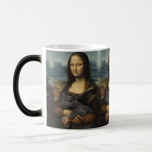 Mona Lisa håller elegant grå katt                 Magisk Mugg (Vänster)