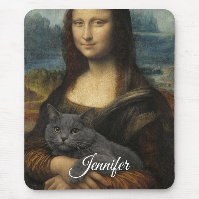Mona Lisa håller elegant grå katt                 Musmatta (Framsidan)