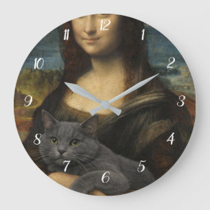 Mona Lisa håller elegant grå katt Stor Klocka