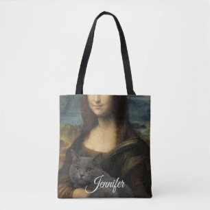 Mona Lisa håller elegant grå katt Tygkasse