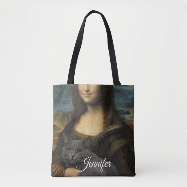 Mona Lisa håller elegant grå katt                 Tygkasse (Framsida)