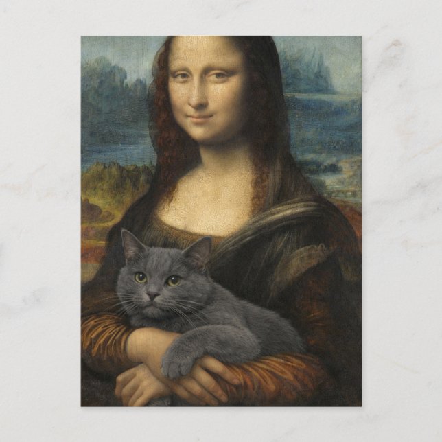 Mona Lisa håller elegant grå katt                 Vykort (Framsida)