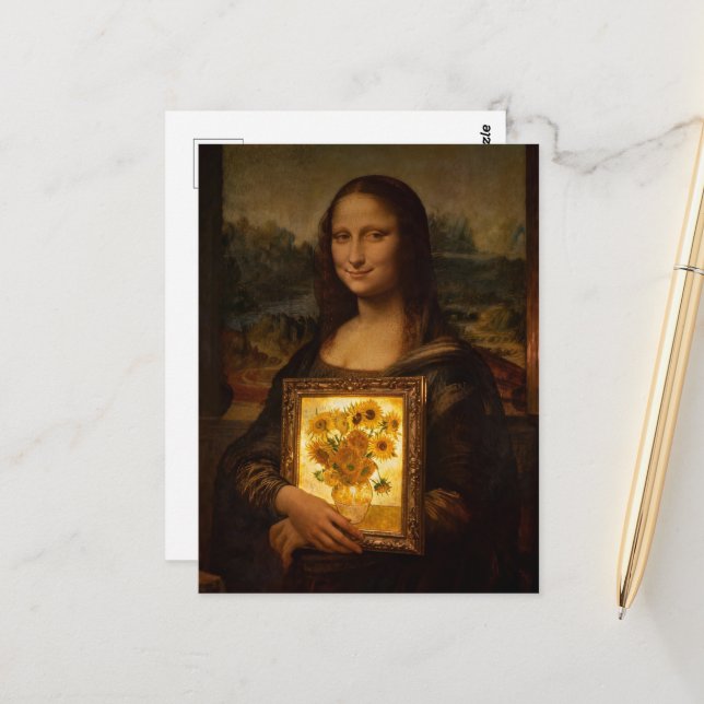 Mona Lisa håller en Van Gogh Vykort (Fram/Back In Situ)
