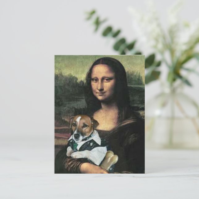 Mona Lisa håller hund och ett ben Vykort (Stående Fram)