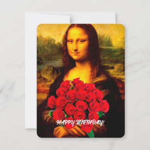 Mona Lisa håller röd ros Grattis på födelsedagen Julkort