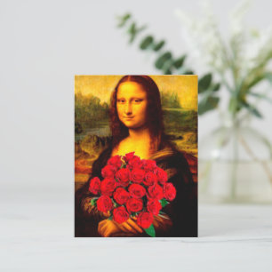 Mona Lisa håller röd ros Leonardo Da Vinci Vykort