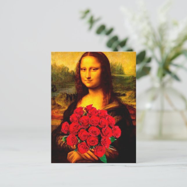 Mona Lisa håller röd ros Leonardo Da Vinci Vykort (Stående Fram)