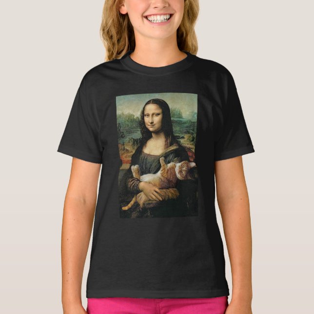 Mona Lisa håller sin kattlovers T Shirt (Framsida)