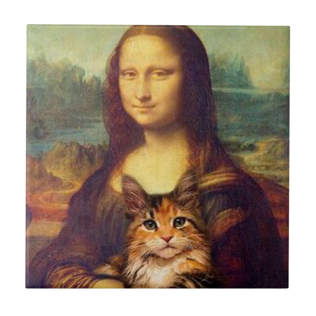 Mona Lisa håller sitt kattsällskapsdjur Leonardo d Kakelplatta (Framsidan)