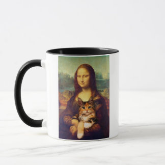 Mona Lisa håller sitt kattsällskapsdjur Leonardo d Mugg