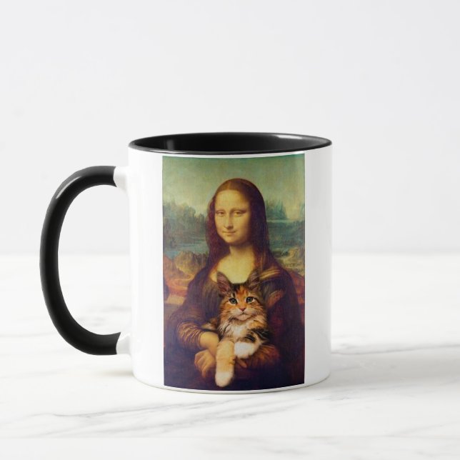 Mona Lisa håller sitt kattsällskapsdjur Leonardo d Mugg (Vänster)
