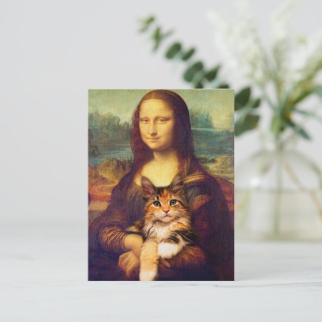 Mona Lisa håller sitt kattsällskapsdjur Leonardo d Vykort (Stående Fram)