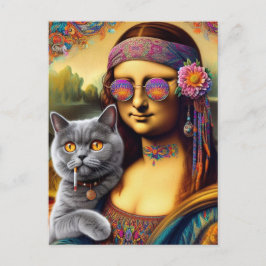 Mona Lisa Hippie Smoking Grått Cat Vykort