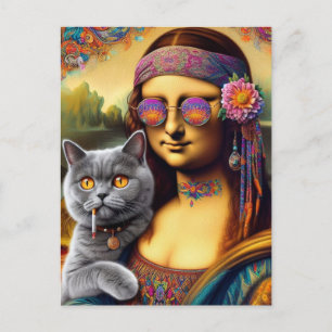 Mona Lisa Hippie Smoking Grått Cat Vykort