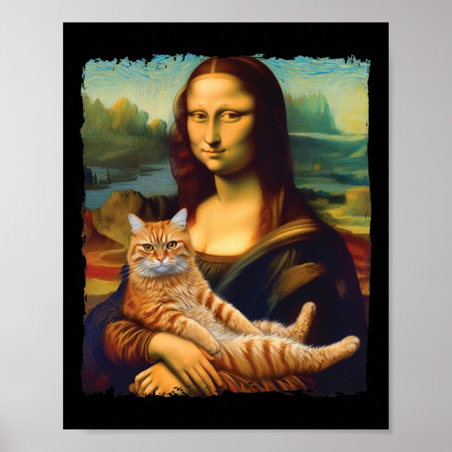 Mona Lisa Holding Cat Porträtt Art Painting Kattun Poster (Framsidan)
