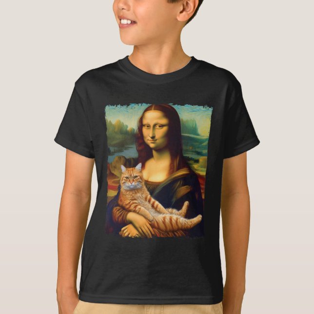 Mona Lisa Holding Cat Porträtt Art Painting Kattun T Shirt (Framsida)