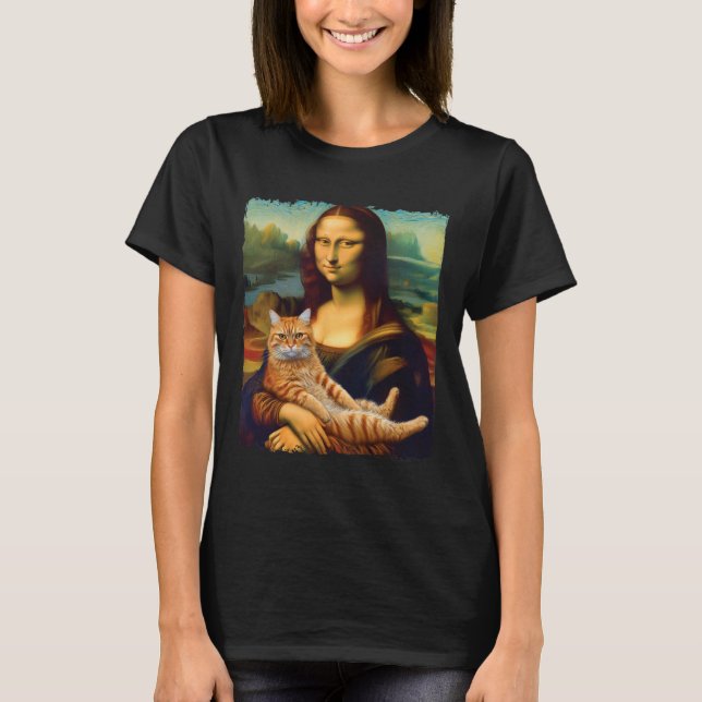 Mona Lisa Holding Cat Porträtt Art Painting Kattun T Shirt (Framsida)