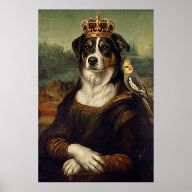 Mona Lisa Hund med Cockatiel Papegoja Finkonst Pos Poster (Framsidan)