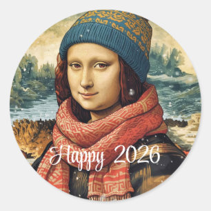 Mona Lisa i keps - Gott nytt 2026 Runt Klistermärke