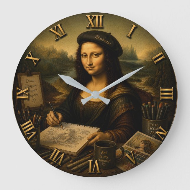 Mona Lisa Illustrator Funny Artist Studio  Stor Klocka (Framsida)