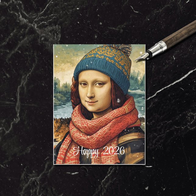 Mona Lisa  in beanie  - Happy 2026 Helg Vykort (Skapare uppladdad)