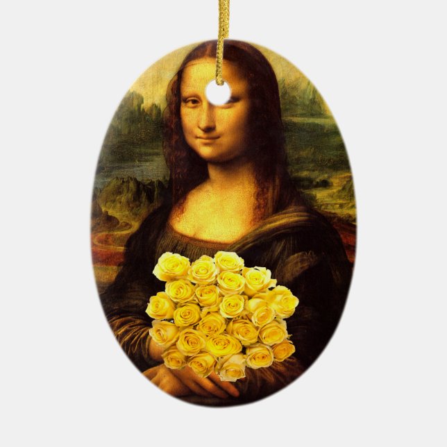 Mona Lisa med Bouquet-Gul ros Julgransprydnad Keramik (Framsidan)