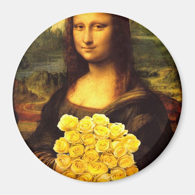 Mona Lisa med Bouquet-Gul ros Magnet (Framsidan)