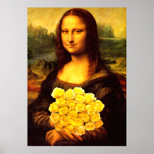 Mona Lisa med Bouquet-Gul ros Poster