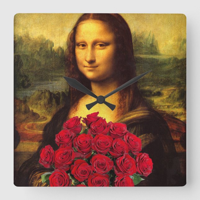 Mona Lisa med Bouquet-Röd ros Fyrkantig Klocka (Framsida)