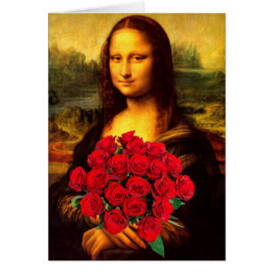 Mona Lisa med Bouquet-Röd ros Hälsningskort