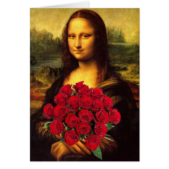 Mona Lisa med Bouquet-Röd ros Hälsningskort (Framsidan)