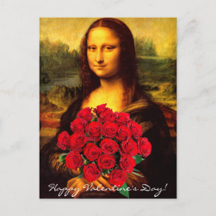 Mona Lisa med Bouquet Röd ros Helg Vykort