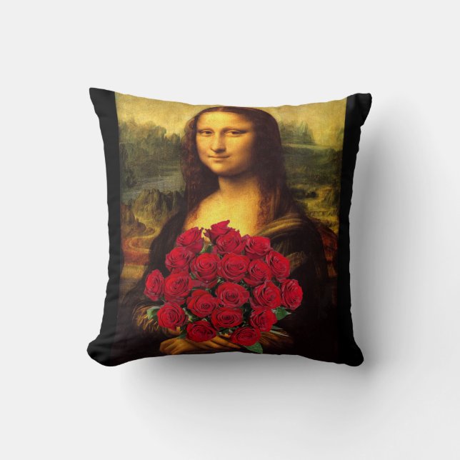 Mona Lisa med Bouquet-Röd ros Kudde (Framsida)