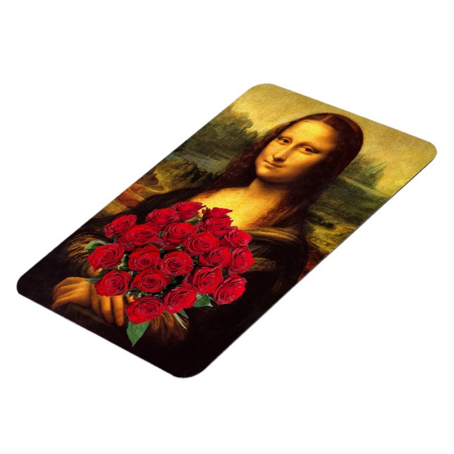 Mona Lisa med Bouquet-Röd ros Magnet (Vänstra Sidan)