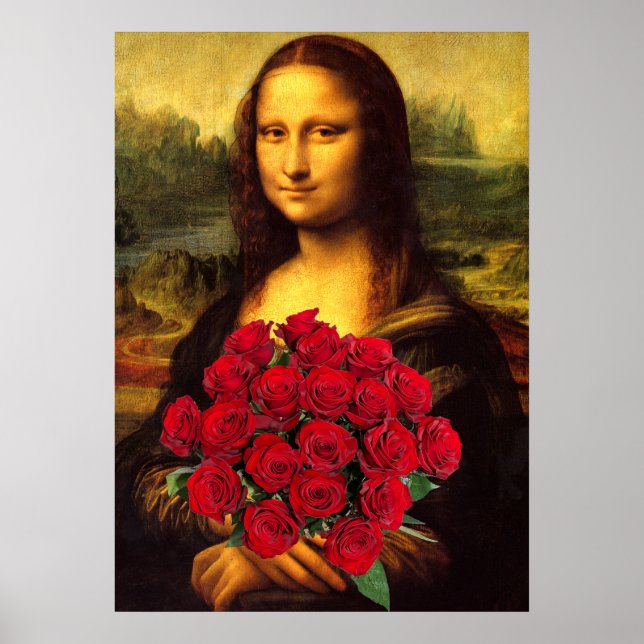 Mona Lisa med Bouquet-Röd ros Poster (Framsidan)