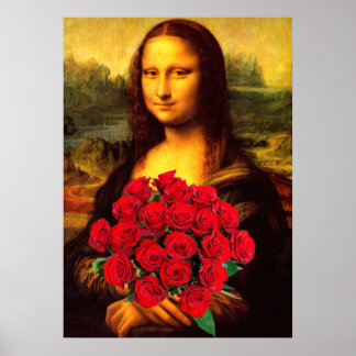 Mona Lisa med Bouquet-Röd ros Poster