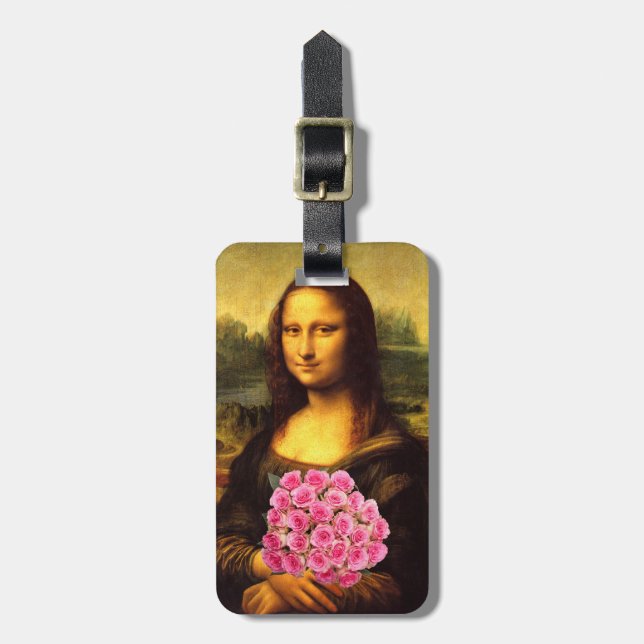 Mona Lisa med Bouquet-Rosa ros Bagagebricka (Vertikal Framsida)