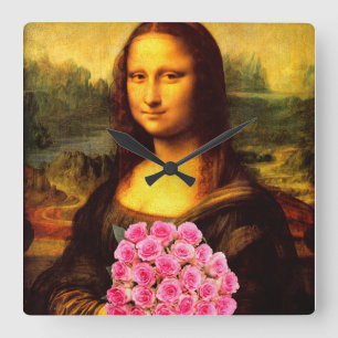 Mona Lisa med Bouquet-Rosa ros Fyrkantig Klocka