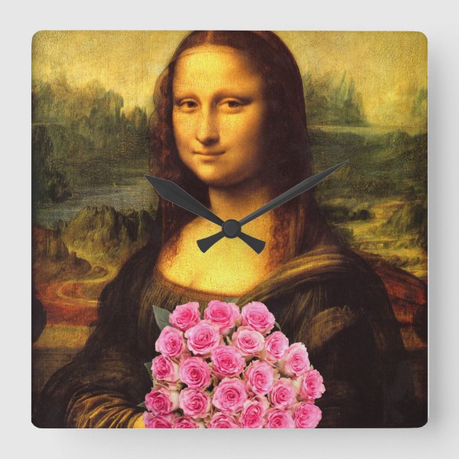 Mona Lisa med Bouquet-Rosa ros Fyrkantig Klocka (Framsida)