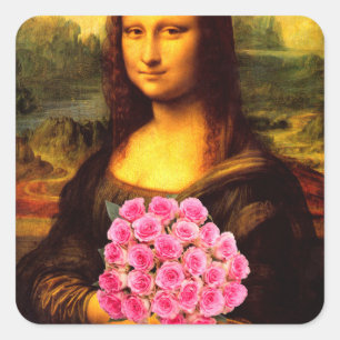 Mona Lisa med Bouquet-Rosa ros Fyrkantigt Klistermärke
