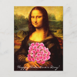 Mona Lisa med Bouquet Rosa ros Helg Vykort