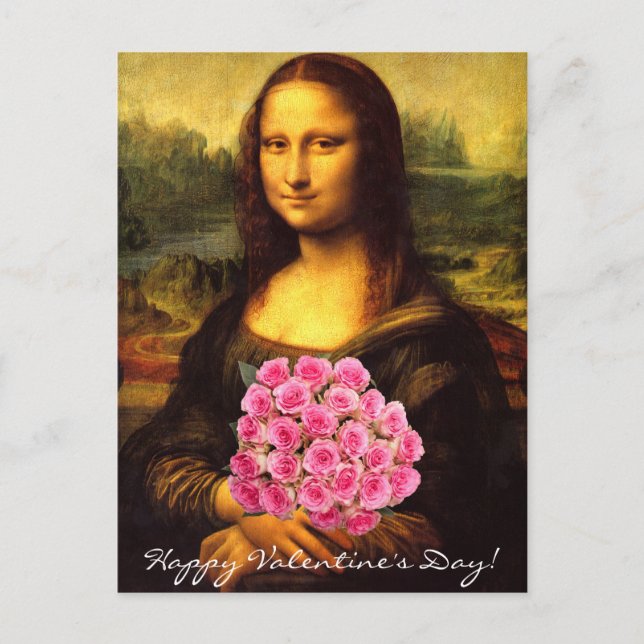 Mona Lisa med Bouquet Rosa ros Helg Vykort (Framsida)