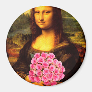Mona Lisa med Bouquet-Rosa ros Magnet
