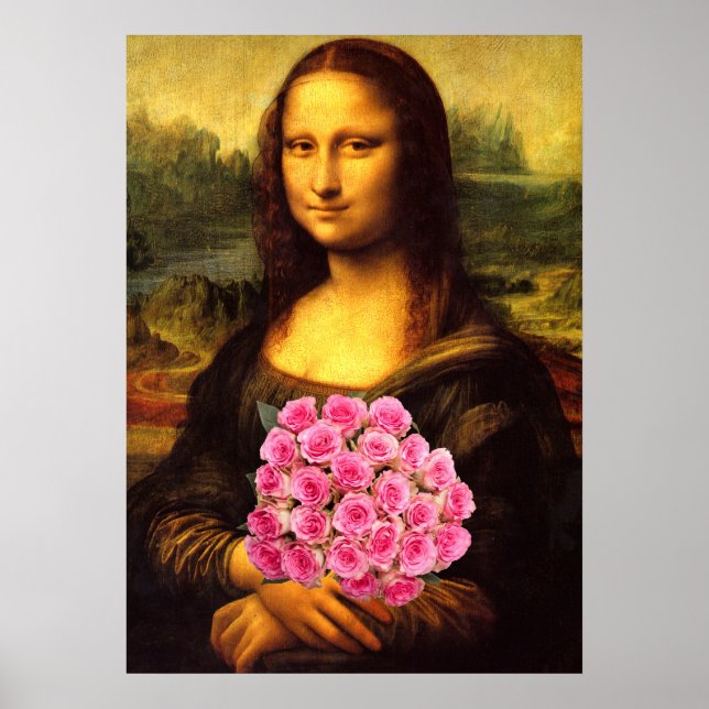 Mona Lisa med Bouquet-Rosa ros Poster (Framsidan)